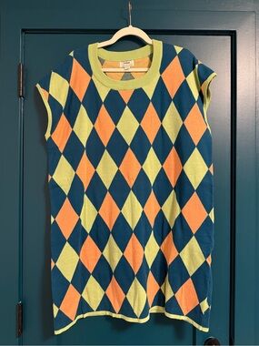Argyle Knit Sleeveless Dress in Teal, Lime & Coral